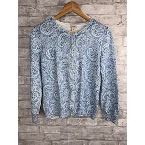 LL Bean Full Button 100% Supima Cotton‎ Cardigan Lightweight Blue Paisley Size S